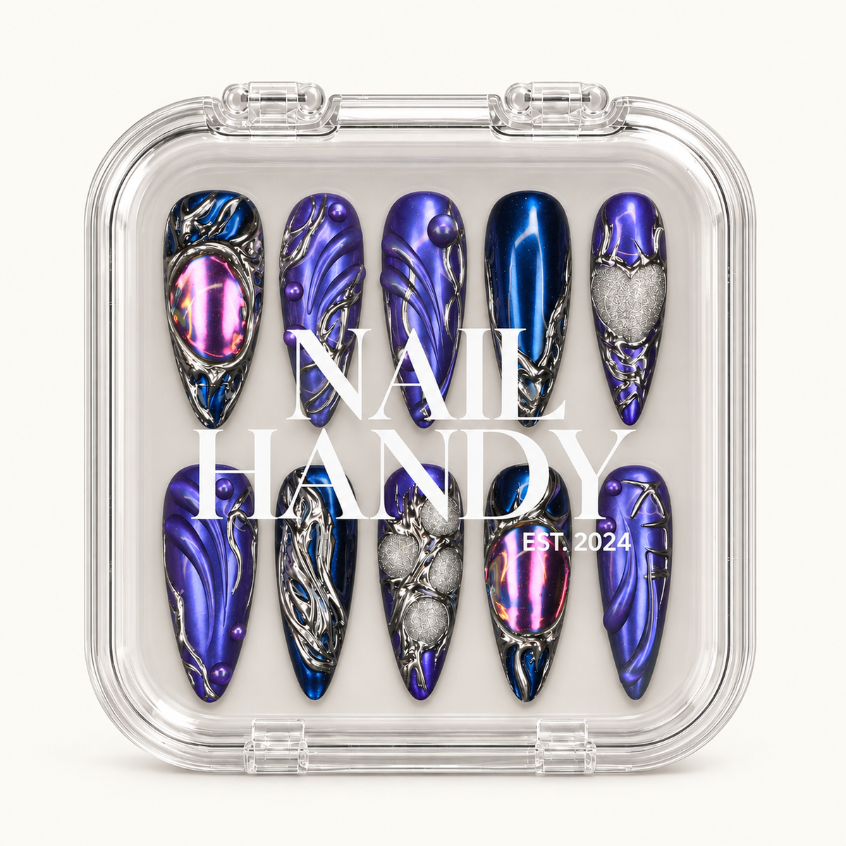 Nail Handy branded package box for the Chrome Nebula press-on nail set.