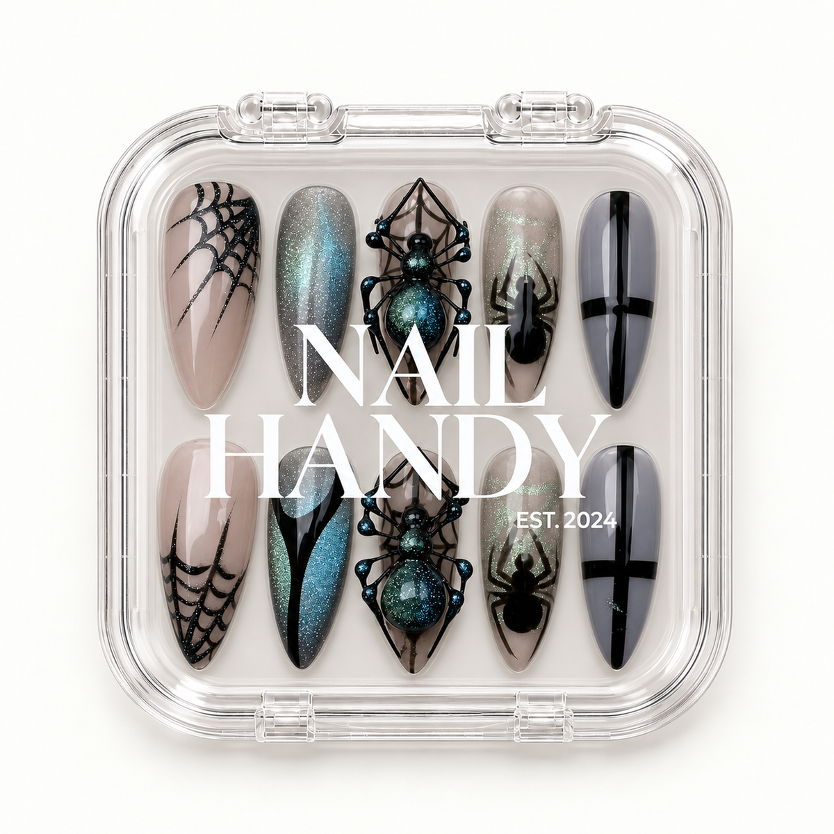 Nail Handy package box for the Midnight Spiderweb press-on nail set.