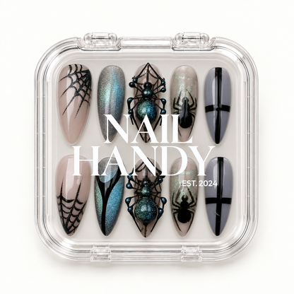 Nail Handy package box for the Midnight Spiderweb press-on nail set.
