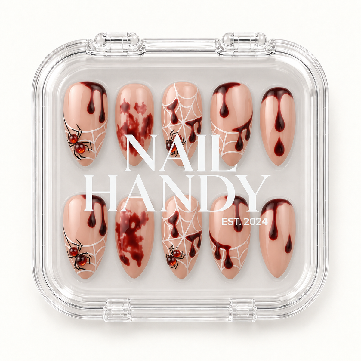 Nail Handy branded package for the Crimson Web Drip press-on nail set.