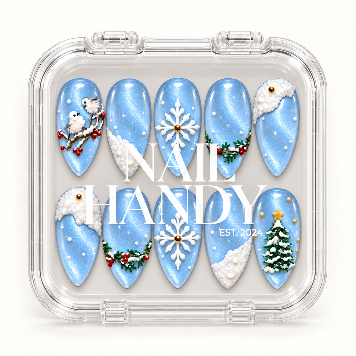 Clear Nail Handy package showing the ten icy blue winter nails inside, with birds, snowflakes, snowy accents, evergreen berries, and a tree.