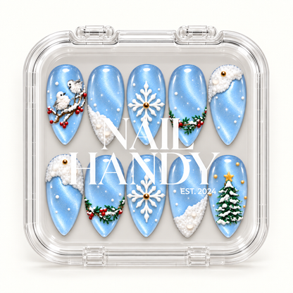 Clear Nail Handy package showing the ten icy blue winter nails inside, with birds, snowflakes, snowy accents, evergreen berries, and a tree.