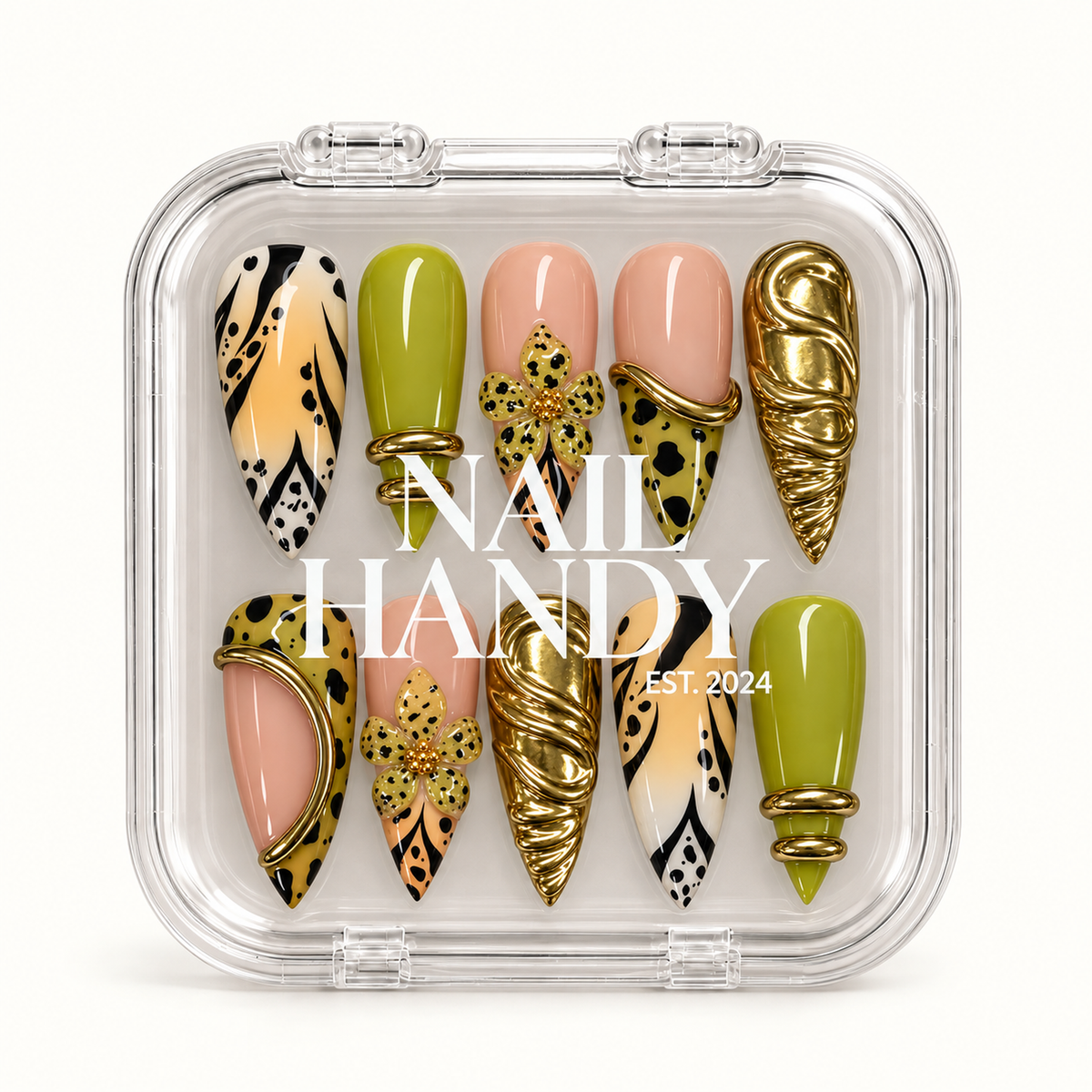 Closed clear Nail Handy case displaying ten coordinated chartreuse, nude pink, black-patterned, floral, and gold-tone accent nails.