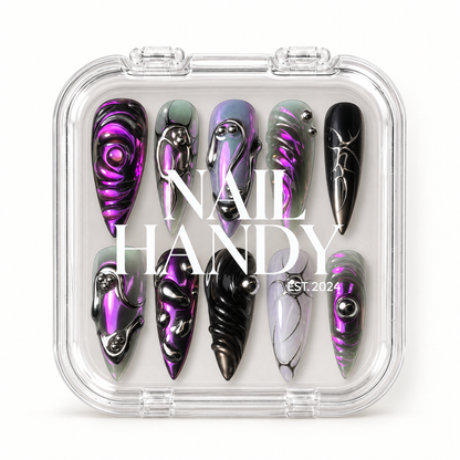 Nail Handy package presentation for the Violet Chrome Relic press-on nail set.