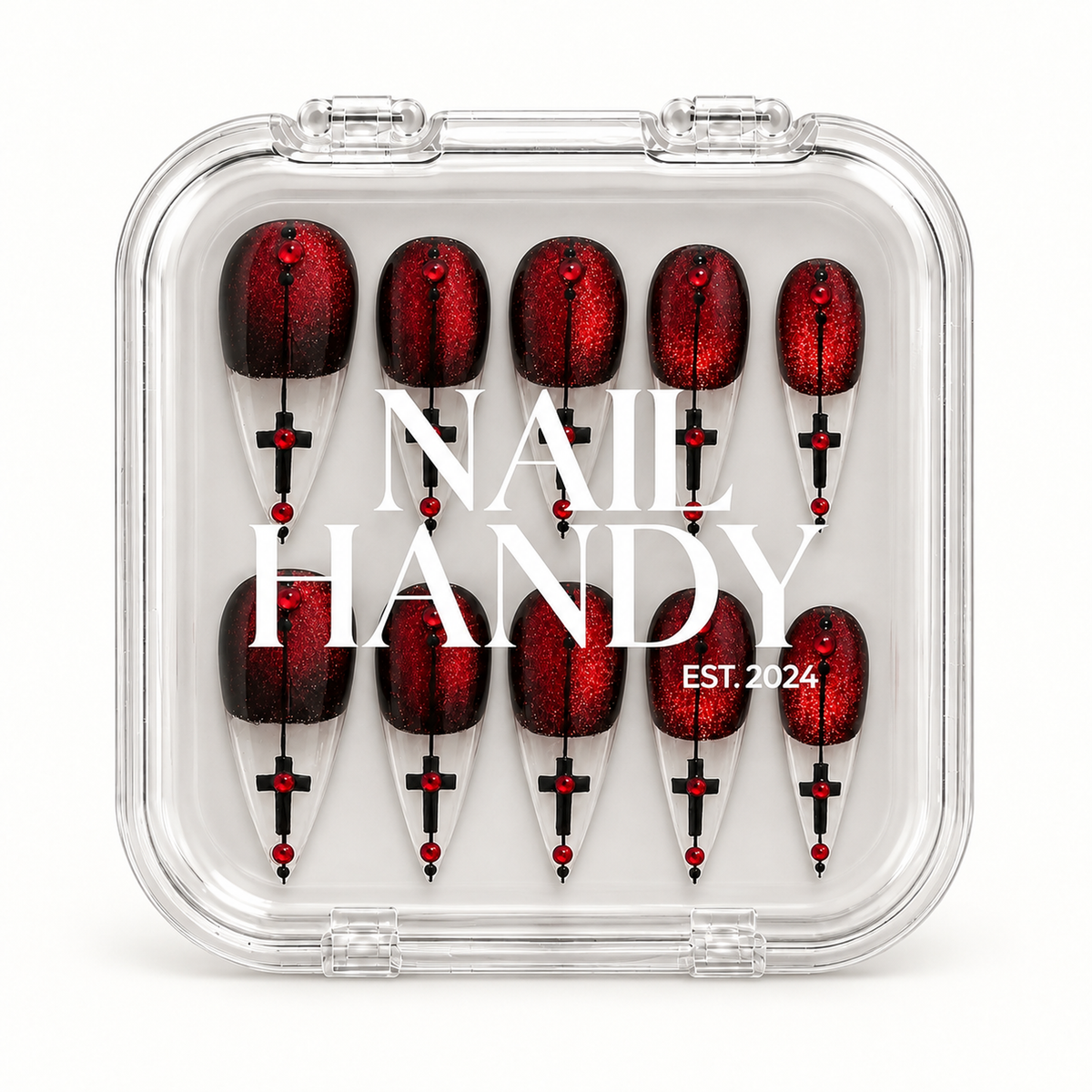 Nail Handy package for the Crimson Cross Velvet press-on nail set.