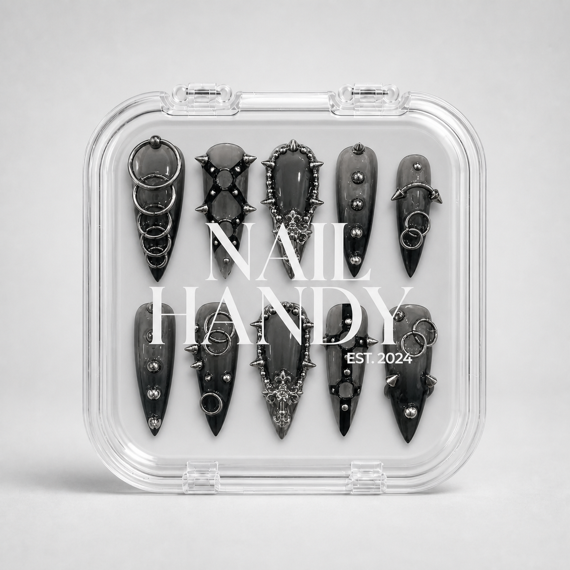 Closed Nail Handy branded package for the Iron Reliquary press-on nail set.