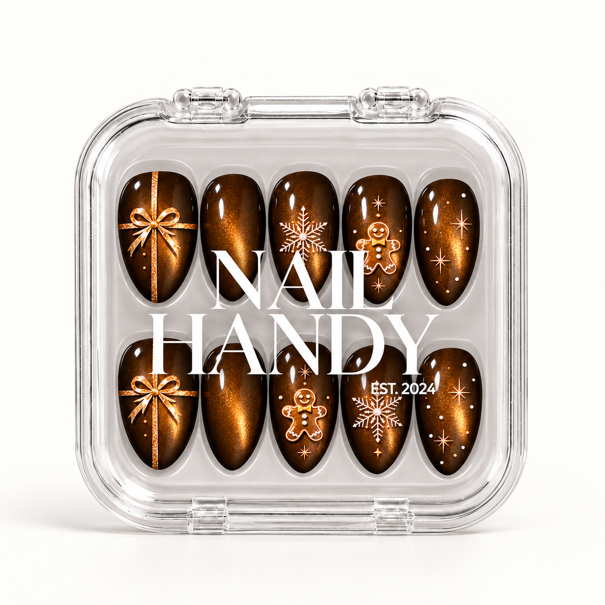 Closed clear Nail Handy case displaying ten brown and amber shimmer nails with Christmas bows, snowflakes, gingerbread figures, and stars.