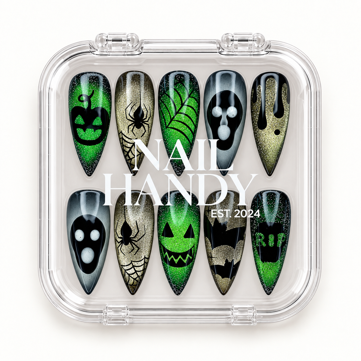 Nail Handy branded package box for the Venom Web Glow press-on nail set.