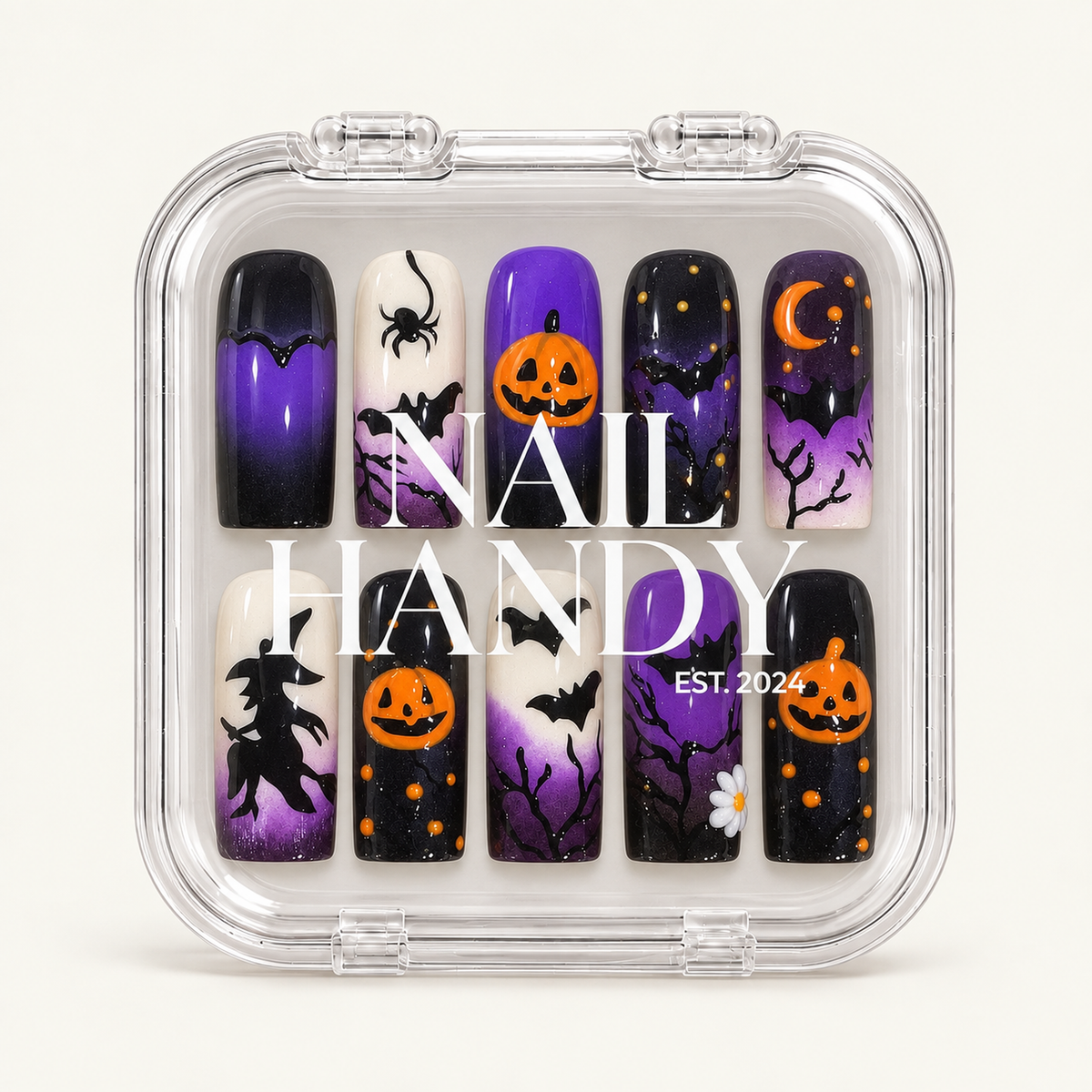 Nail Handy branded package box for the Midnight Pumpkin Spell press-on nail set.