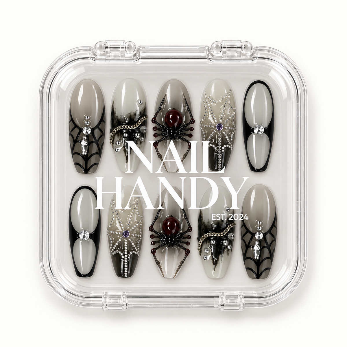 Closed Nail Handy branded package for the Midnight Spider Web press-on nail set.