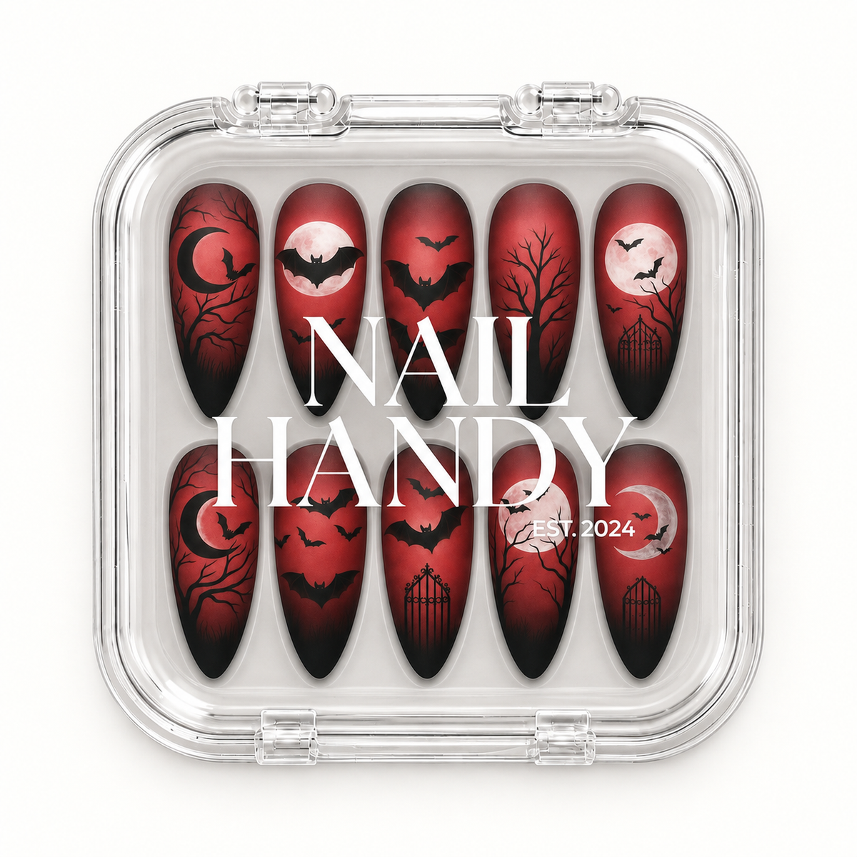Nail Handy package presentation for Crimson Moonflight press-on nails with a crimson, black, bat, and moon design.
