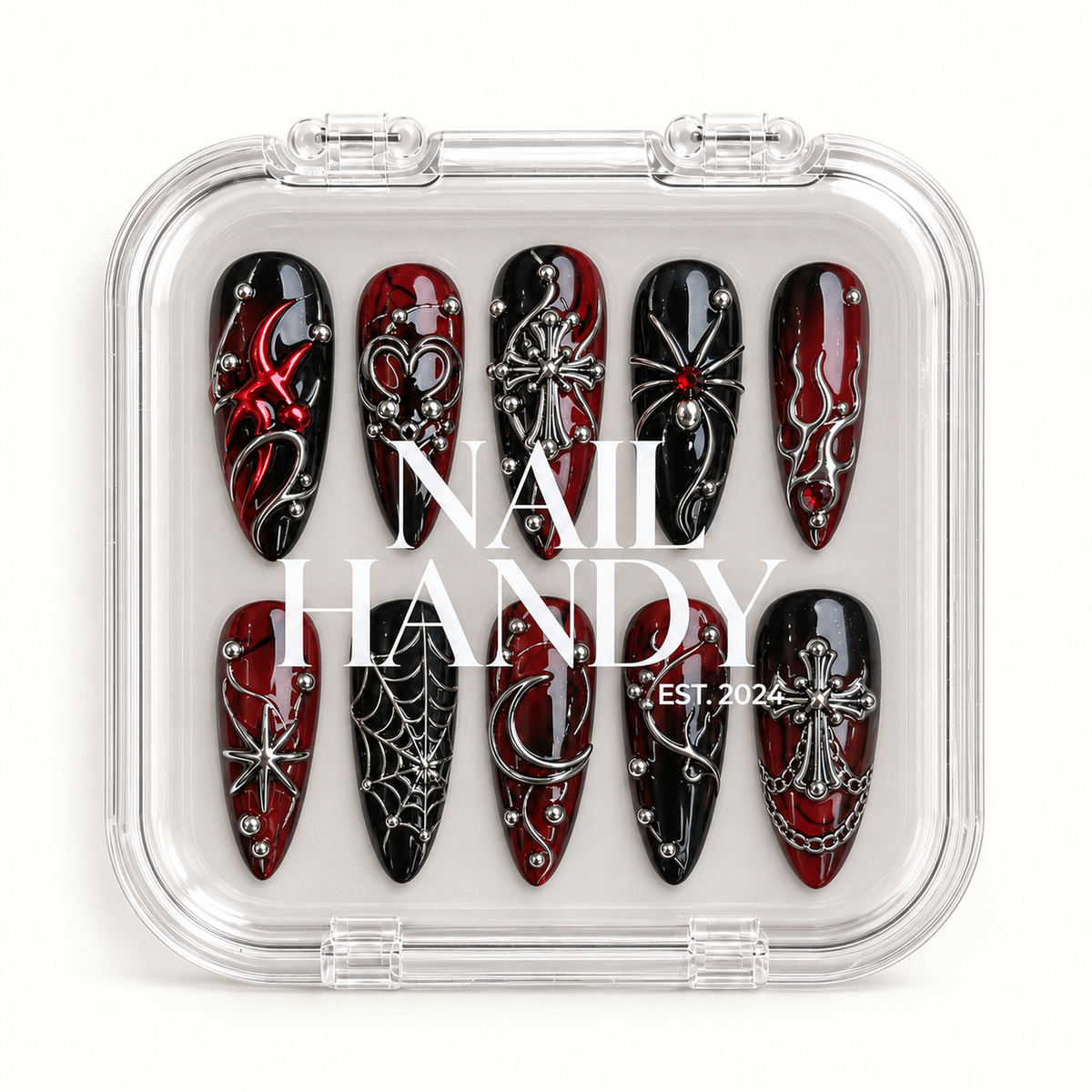 Closed Nail Handy branded package box for the Crimson Web Relic press-on nail set.