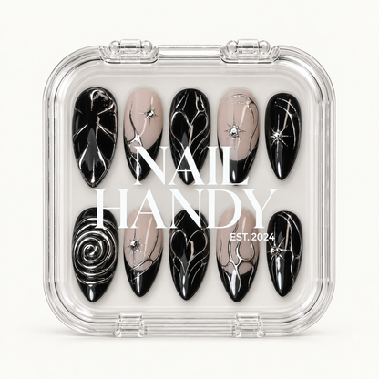 Nail Handy package box for the Midnight Chrome Rose press-on nail set