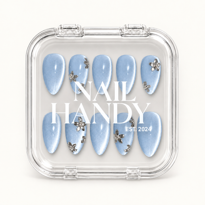 Clear display case holding ten pale blue shimmer nails, with Nail Handy lettering across the center.