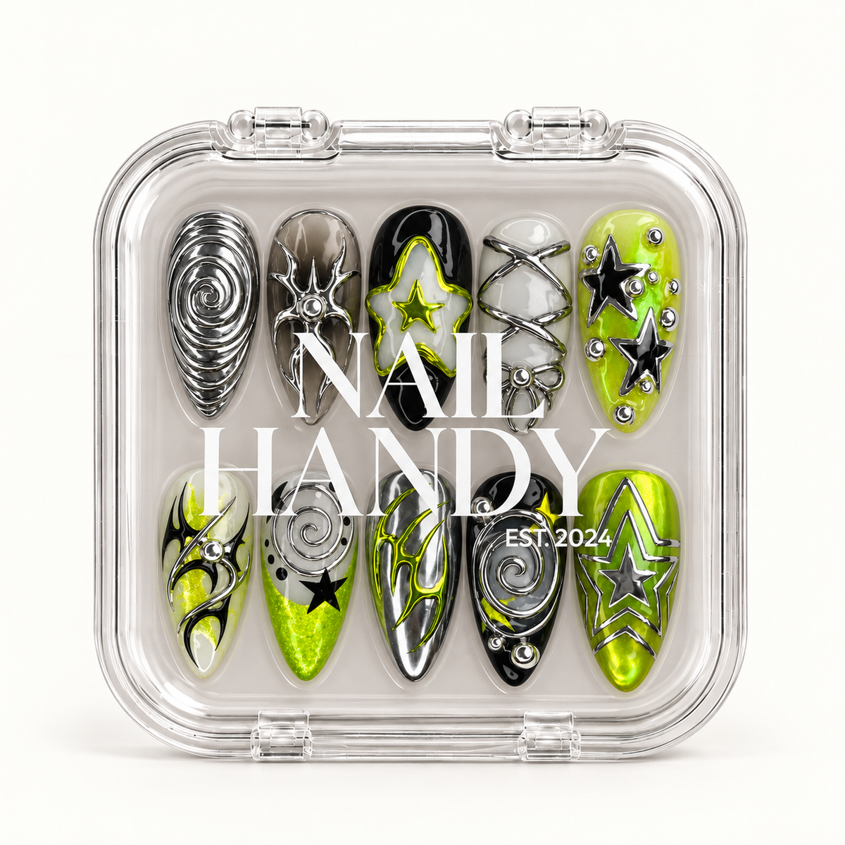 Closed clear Nail Handy case displaying ten lime, black, white, and silver-toned nails beneath white branding.