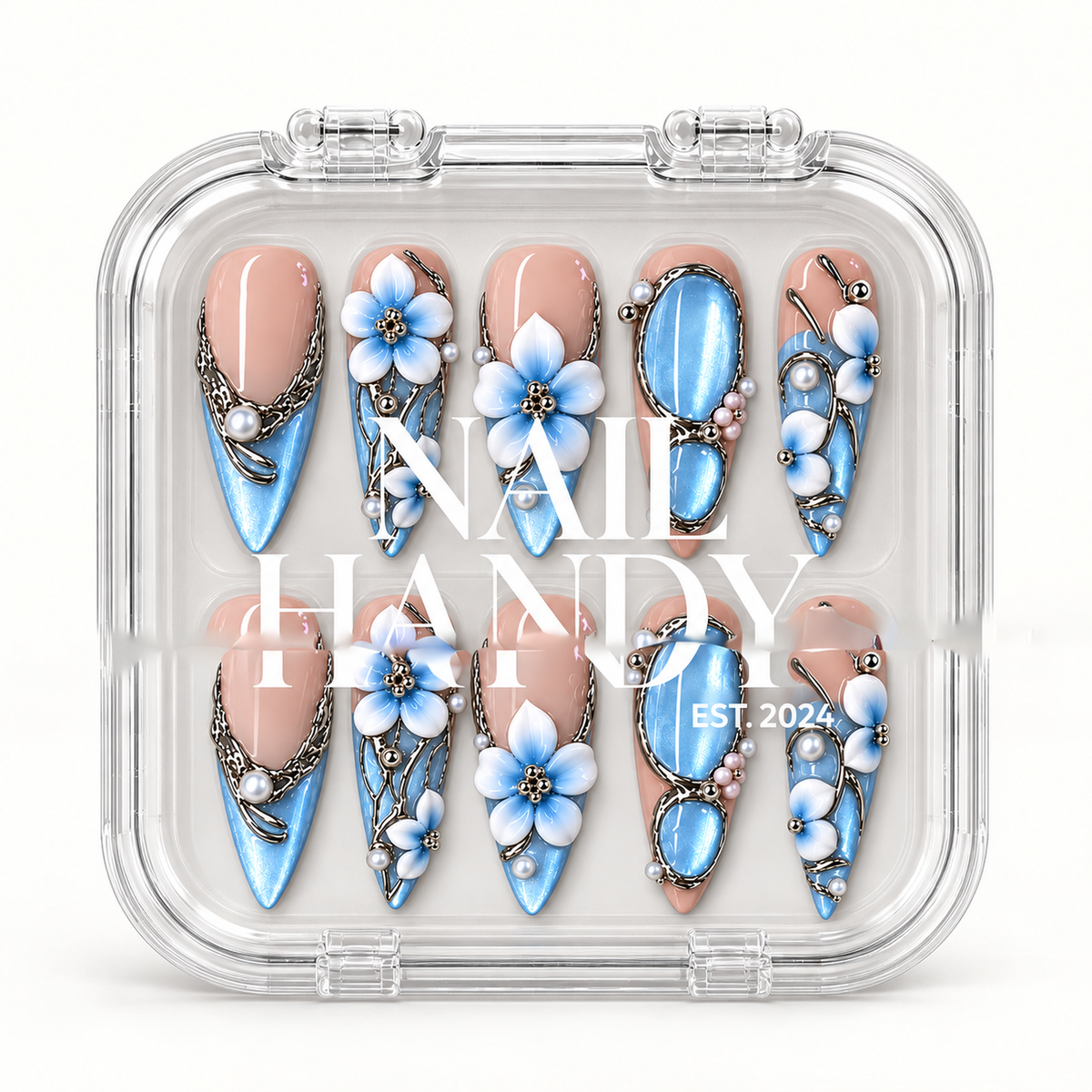 Clear presentation box holding ten blush pink and blue floral press-on nails, with Nail Handy lettering across the front.