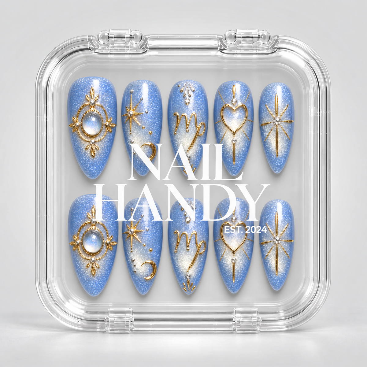 Closed Nail Handy brand package for the Celestial Blue Reverie press-on nail set.