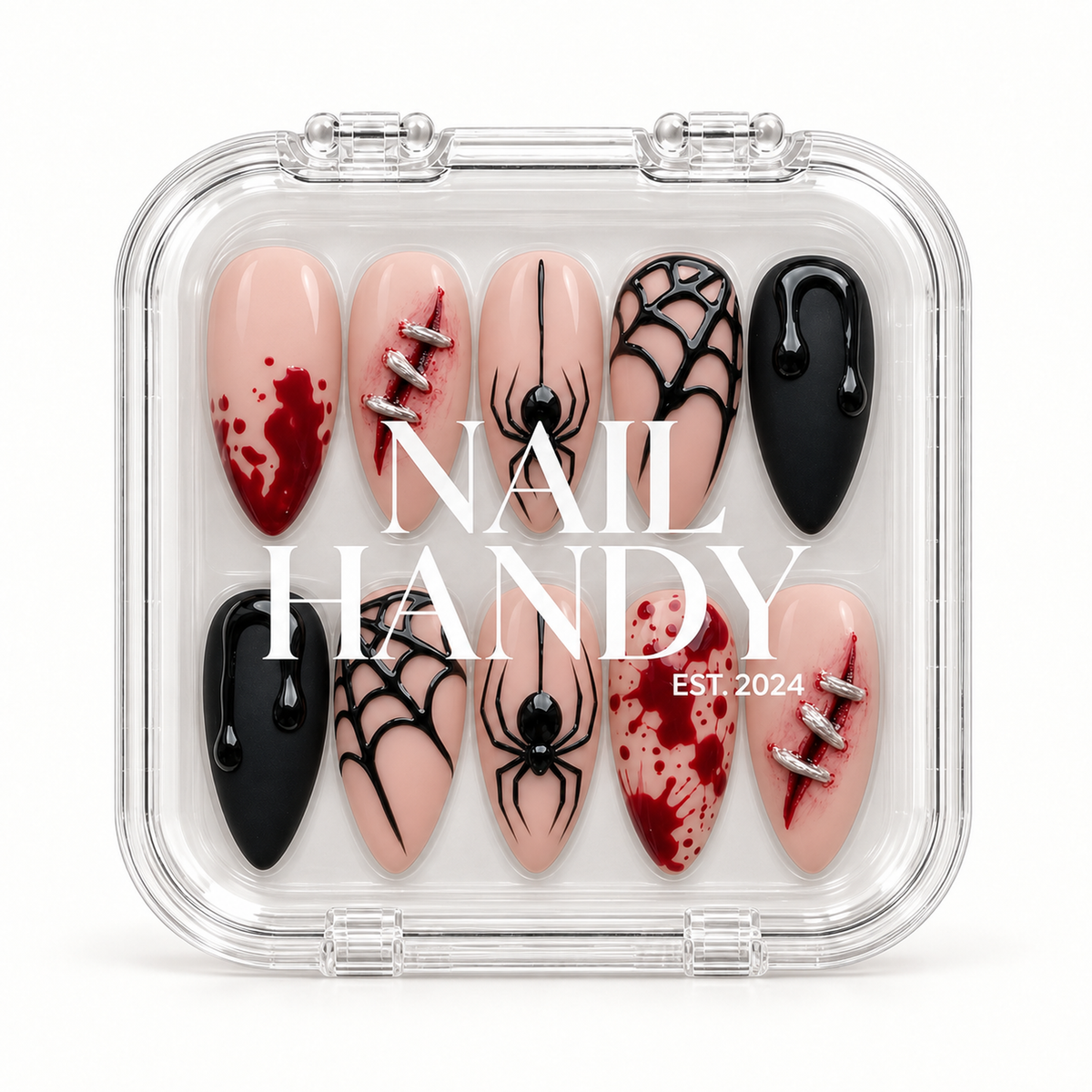 Nail Handy branded package box for the Crimson Web press-on nail set.