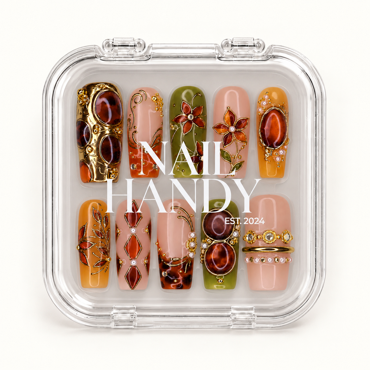 Closed clear Nail Handy case displaying ten decorated nails in two rows, with white branding across the lid.