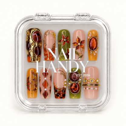 Closed clear Nail Handy case displaying ten decorated nails in two rows, with white branding across the lid.