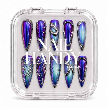 Closed Nail Handy branded package for the Violet Liquid Metal press-on nail set.