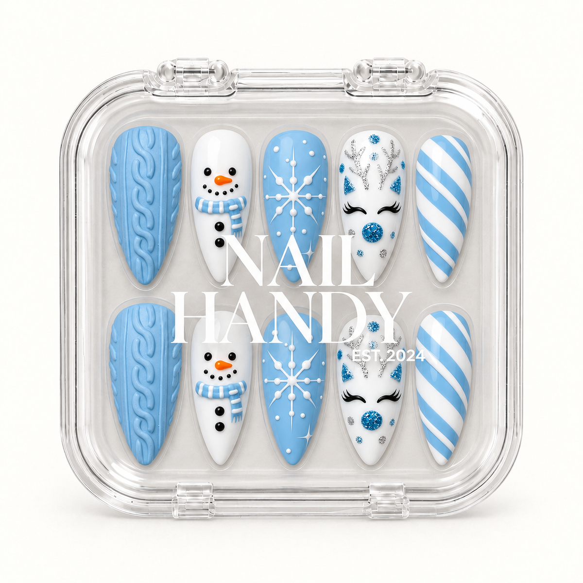 Closed clear Nail Handy case displaying ten blue and white winter nails in two rows, with white branding across the lid.