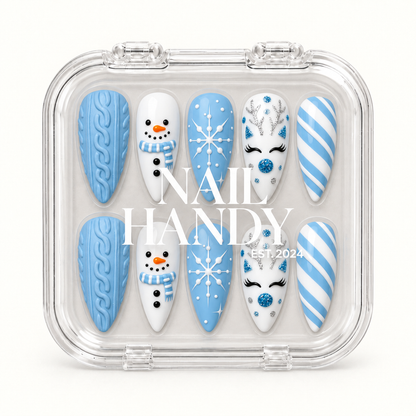 Closed clear Nail Handy case displaying ten blue and white winter nails in two rows, with white branding across the lid.