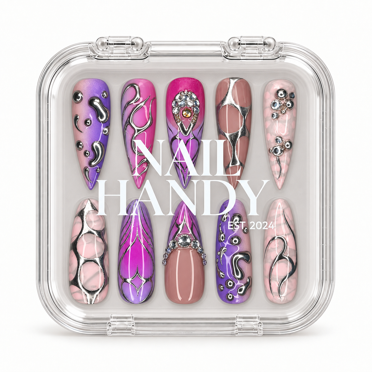 Closed Nail Handy branded package box for the Chrome Orchid Static press-on nail set.