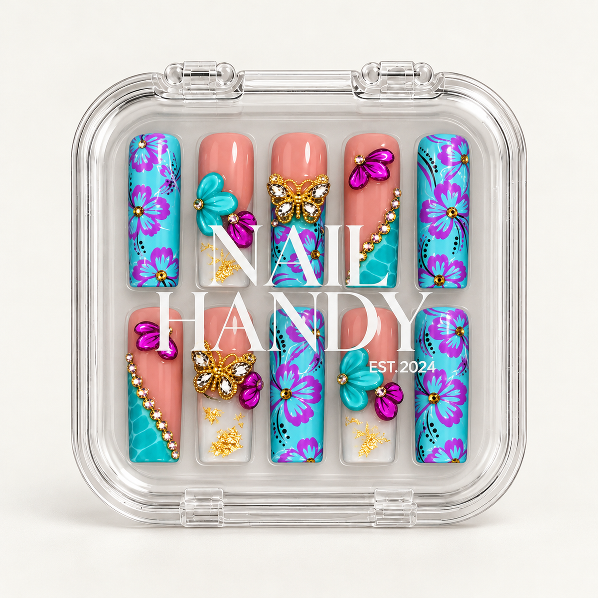 Closed clear Nail Handy case displaying ten turquoise floral and coral pink nails beneath white lettering on the lid.