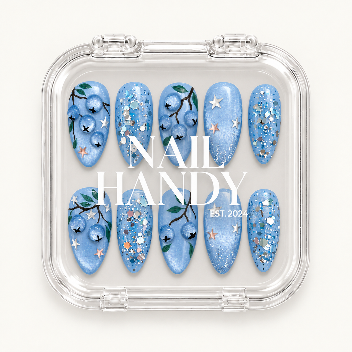 Closed clear Nail Handy case displaying ten blue nails with blueberry branches, metallic-looking stars, and glitter on a light background.