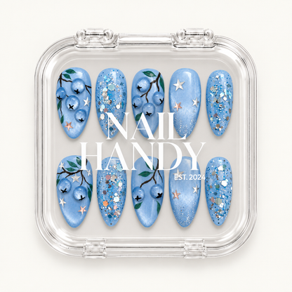 Closed clear Nail Handy case displaying ten blue nails with blueberry branches, metallic-looking stars, and glitter on a light background.