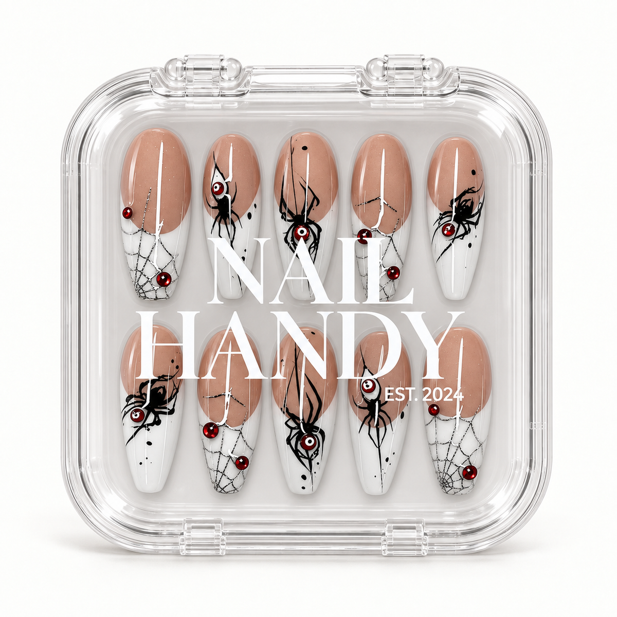 Closed Nail Handy branded package for the Crimson Widow press-on nail set.