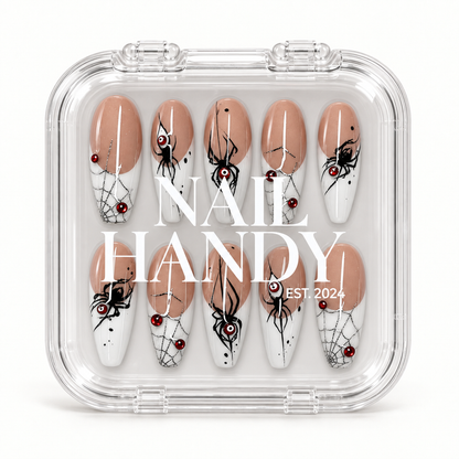 Closed Nail Handy branded package for the Crimson Widow press-on nail set.