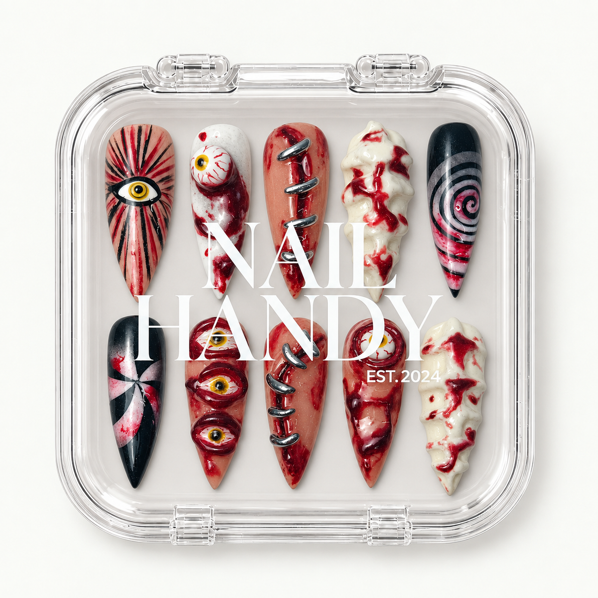 Closed Nail Handy branded package for the Bloodshot Stitches press-on nail set.