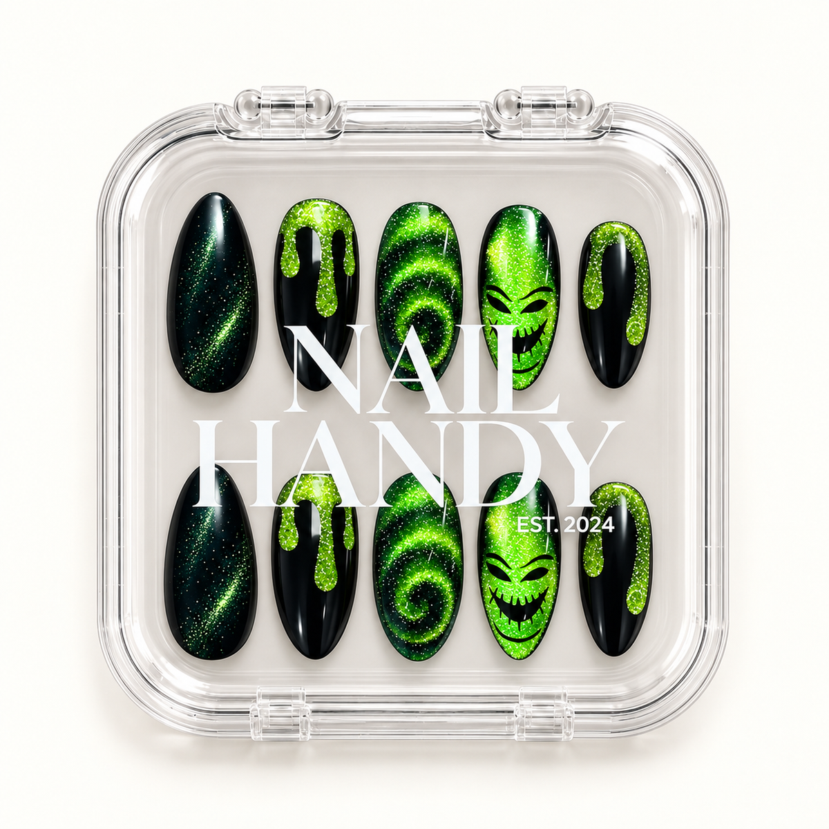 Nail Handy branded package box for the Neon Slime Spell press-on nail set.