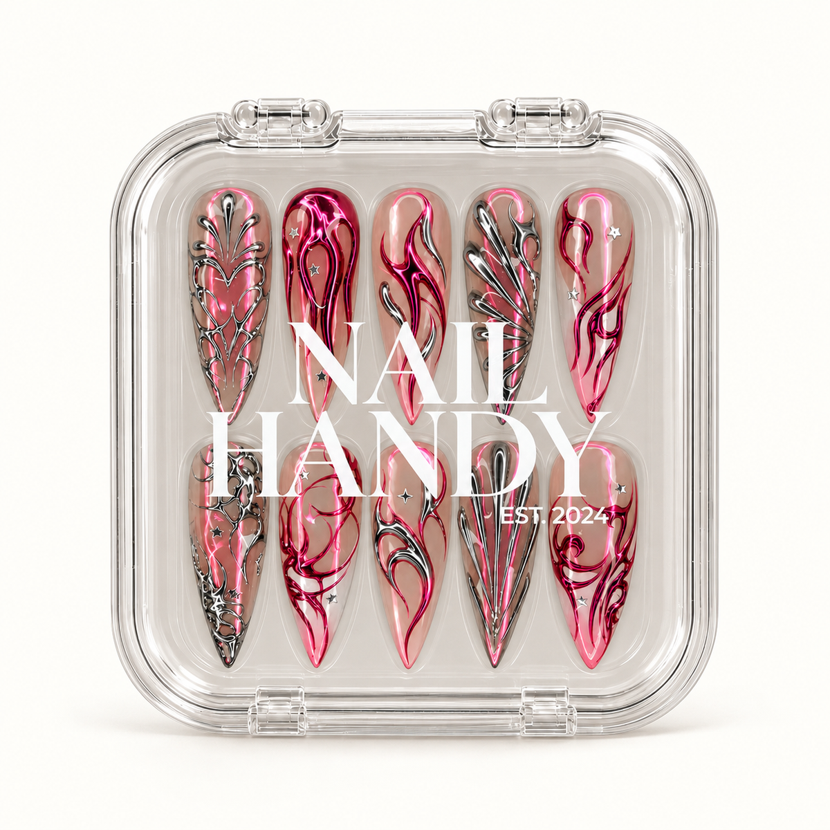 Closed clear Nail Handy case displaying ten coordinated pink and silver abstract nails beneath white branding on a light background.