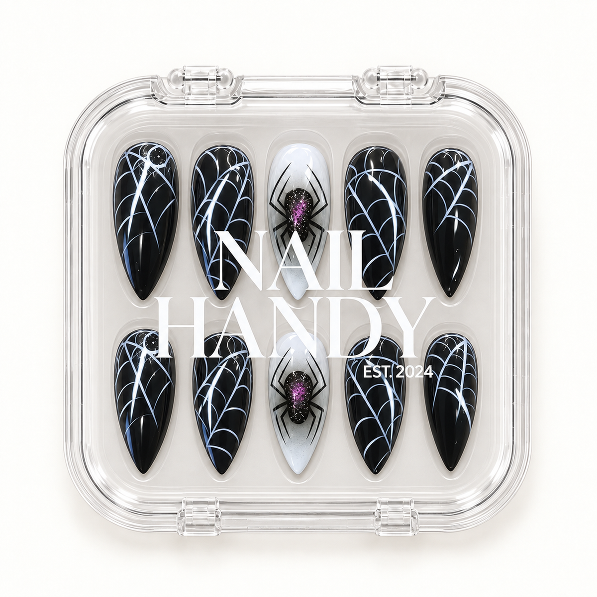 Nail Handy branded package for the Midnight Widow Web press-on nail set.