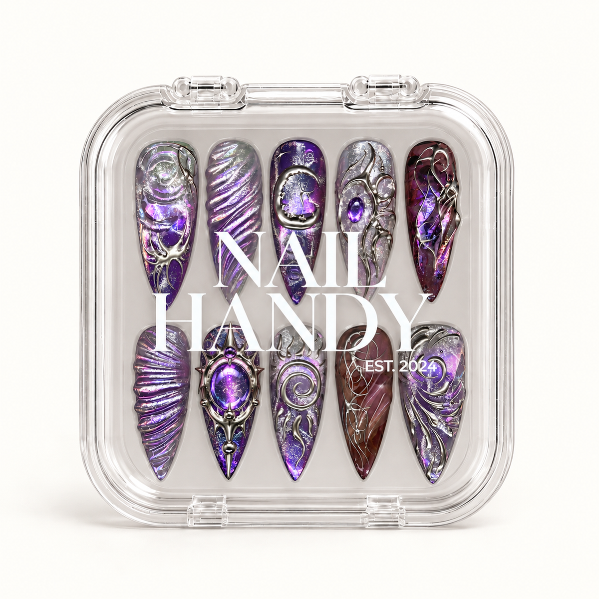 Closed clear Nail Handy case displaying ten purple and silver nails beneath white branding on a light background.