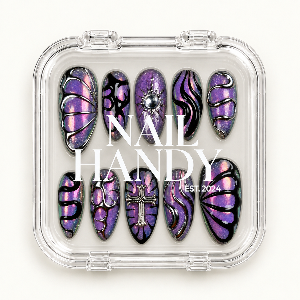Nail Handy branded package for the Chrome Eclipse Cross Press-On Nails set.