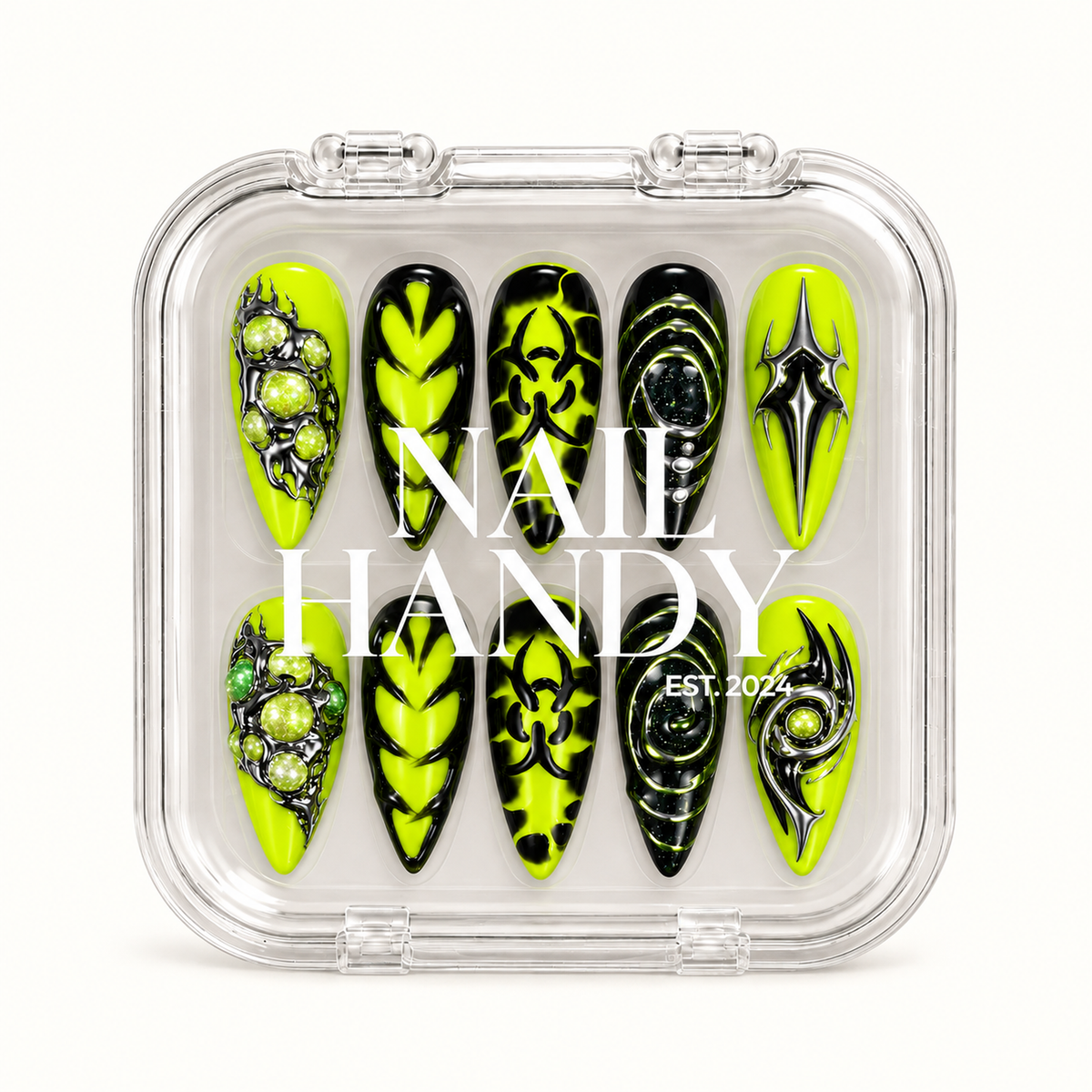 Closed clear Nail Handy case displaying ten neon green and black nails in two rows beneath white branding on the lid.