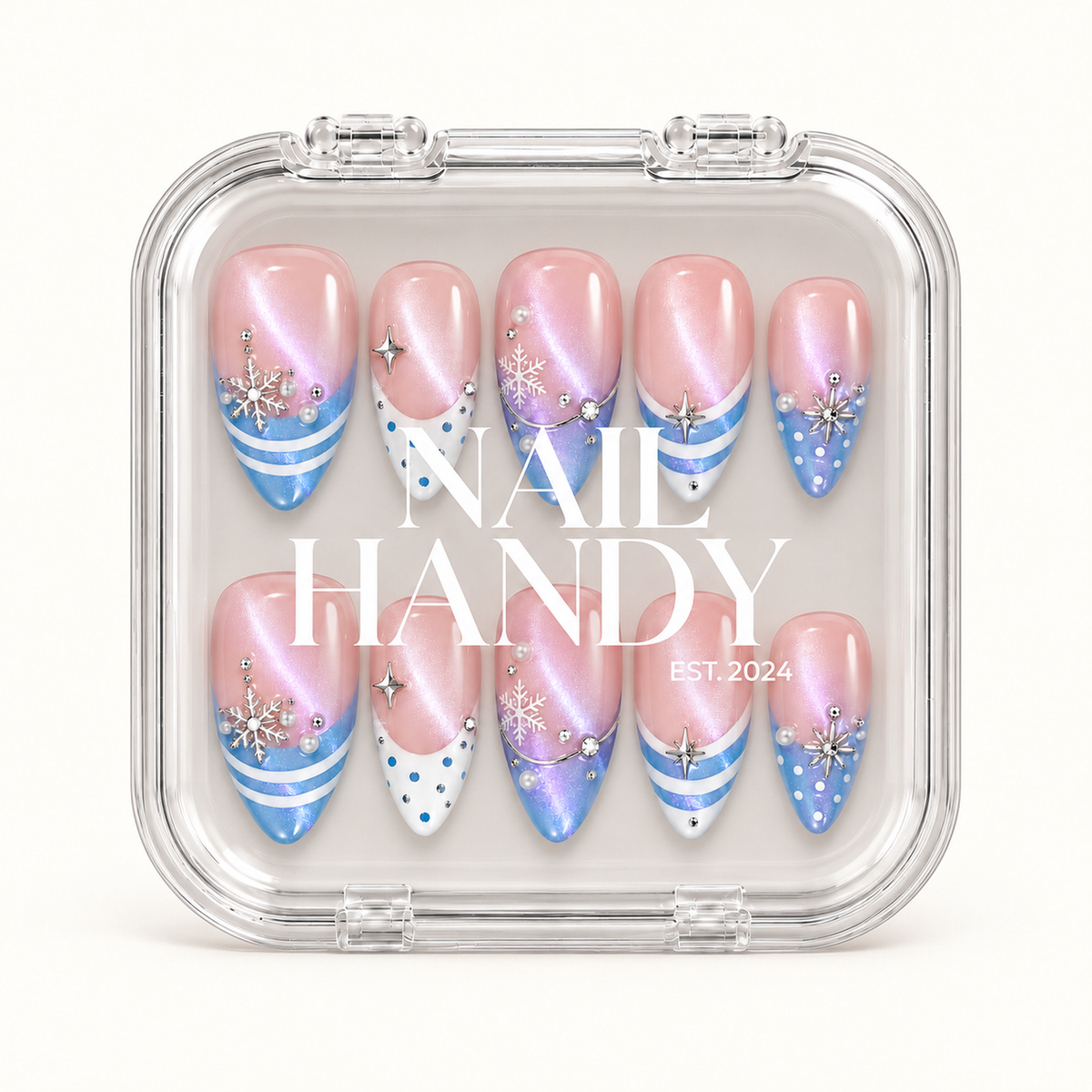 Closed clear case with white Nail Handy lettering displaying ten blush pink and icy blue nails in two rows on a light background.