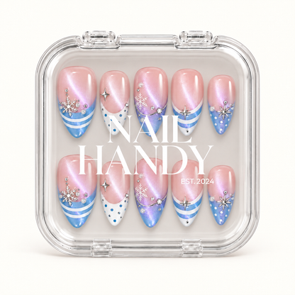 Closed clear case with white Nail Handy lettering displaying ten blush pink and icy blue nails in two rows on a light background.