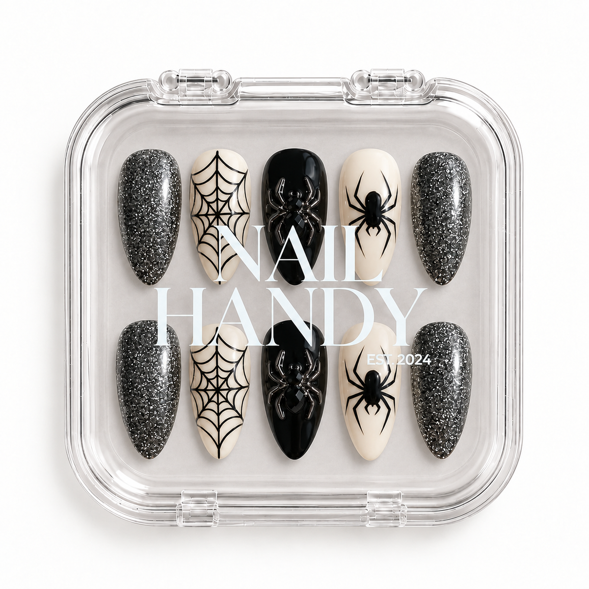 Nail Handy branded package for the Silver Web Spider press-on nail set.