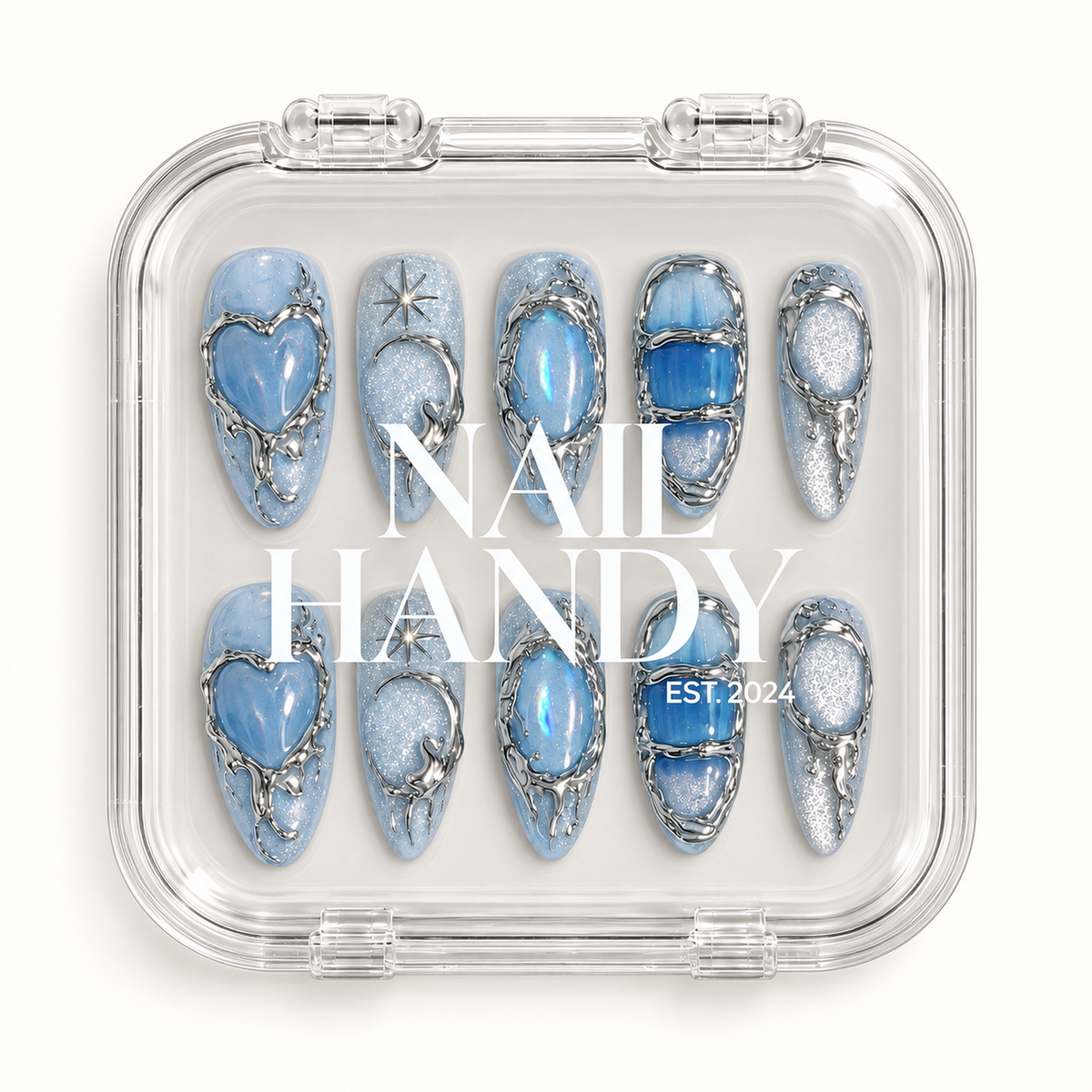 Clear Nail Handy package showing ten icy blue nails with silver-tone outlines beneath the branded lid.