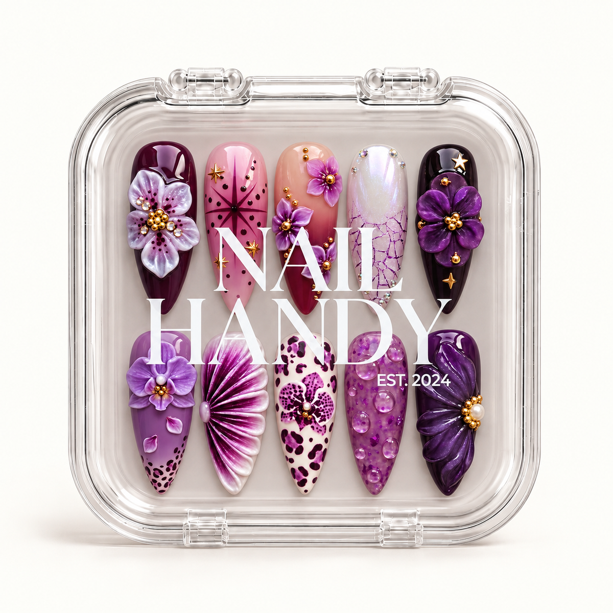 Closed clear Nail Handy case displaying ten purple and pink floral nails beneath white branding on the lid.