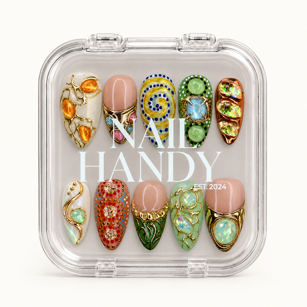 Closed clear Nail Handy case displaying ten coordinated multicolor nails in two rows beneath white lid lettering.