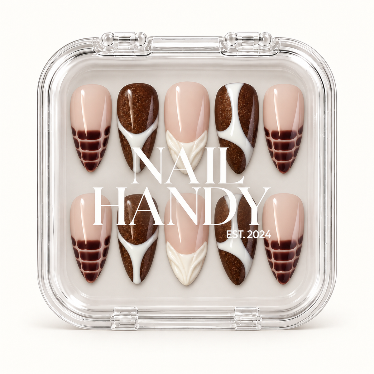 Closed clear case with white Nail Handy branding, displaying ten nude pink and cocoa brown nails with ivory accents in two rows.