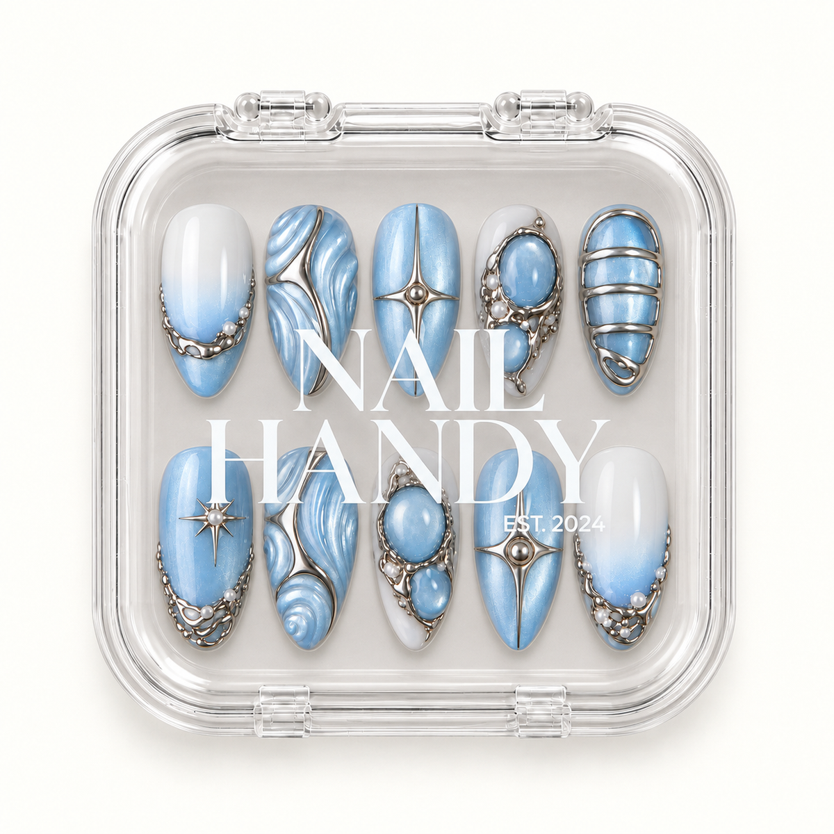 Frosted Blue Tides nail set visible through a clear case with Nail Handy lettering across the front.