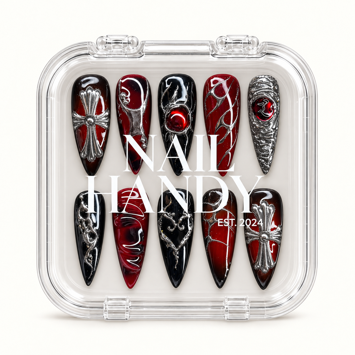 Nail Handy branded package box for the Crimson Reliquary press-on nail set.