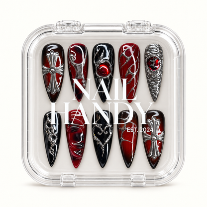 Nail Handy branded package box for the Crimson Reliquary press-on nail set.
